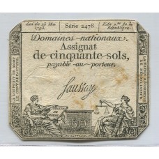 FRANCIA 1793 REVOLUCION FRANCESA 50 SOLES BILLETE EN BUEN ESTADO